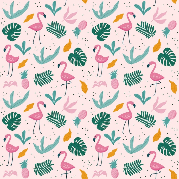 Tropical seamless pattern with flamingos, exotic leaves.