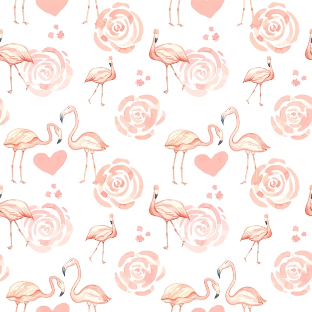 Tropical seamless pattern with flamingos and flowerswatercolor illustration