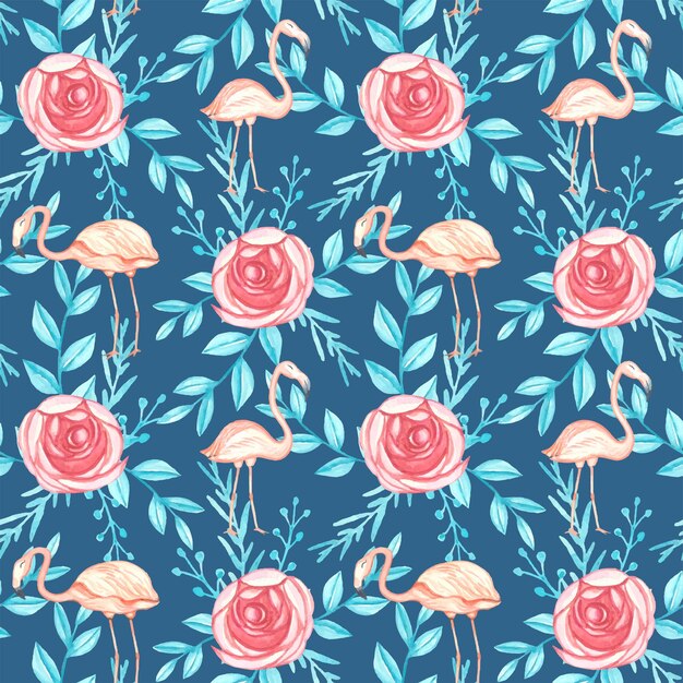 Tropical seamless pattern with flamingos and flowersWatercolor illustration