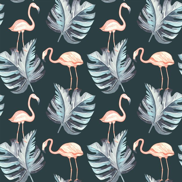Tropical seamless pattern with flamingos and leaves Watercolor illustration