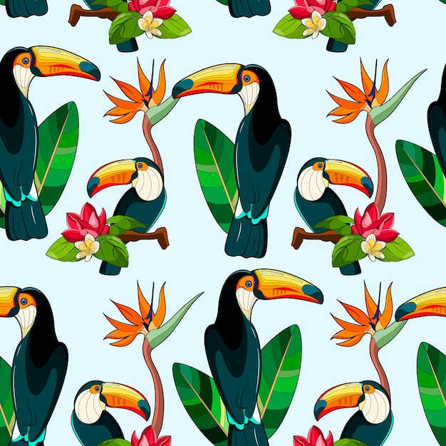 Tropical seamless pattern with flowers and toucans