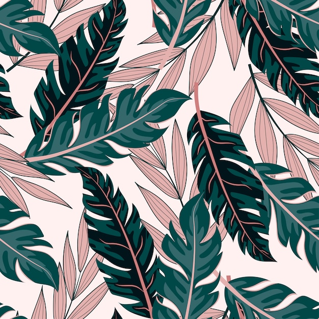 Tropical seamless pattern with green and pink plants