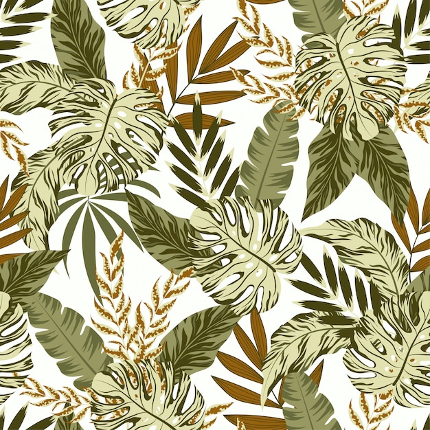 Tropical seamless pattern with green plants and leaves