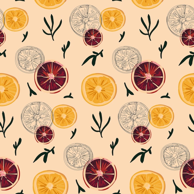 Тропический бесшовный узор с апельсинами фруктовый повторяющийся фон векторный яркий принт для ткани или обоев