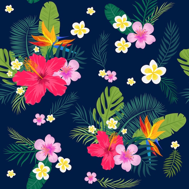 Vettore reticolo senza giunte tropicale con foglie di palma e fiori. illustrazione vettoriale