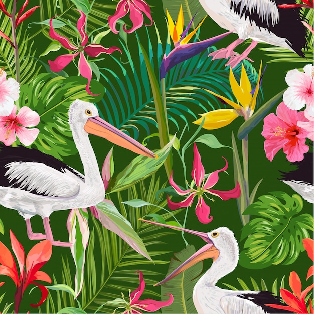 Modello senza cuciture tropicale con pellicani e fiori