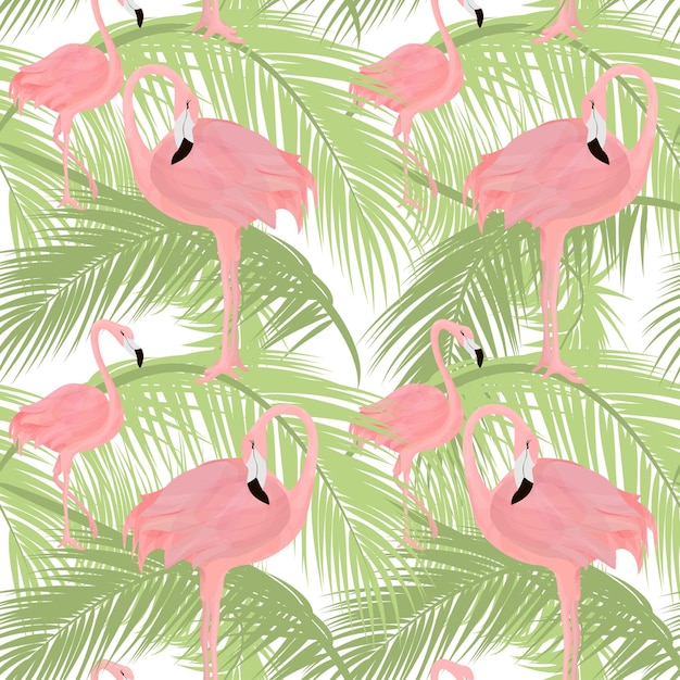 Tropical seamless pattern with pink flamingos and palm leaves.