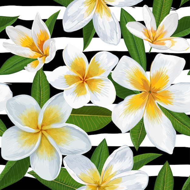 Plumeria 꽃과 열 대 완벽 한 패턴입니다. 벽지, 직물, 포장, 장식을 위한 야자수가 있는 꽃 배경. 벡터 일러스트 레이 션