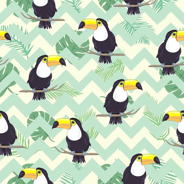 Tropical seamless pattern with toucans exotic leaves and pineapples Vector illustration