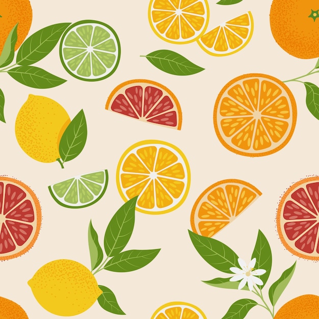 Vector tropical seamless pattern with yellow lemon orange lime and grapefruit vector illustration