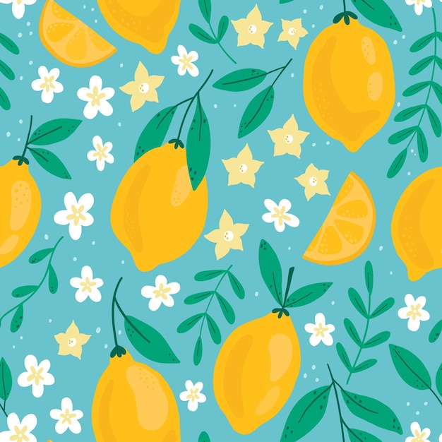 Tropical seamless pattern with yellow lemons on blue background. Trendy hand drawn textures. Fruit