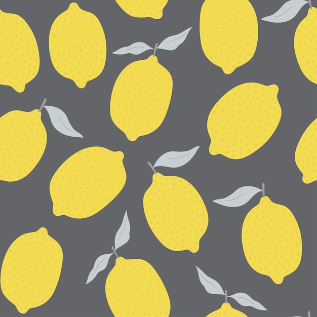 Vector tropical seamless pattern with yellow lemons on gray background. trendy hand drawn textures. fruit