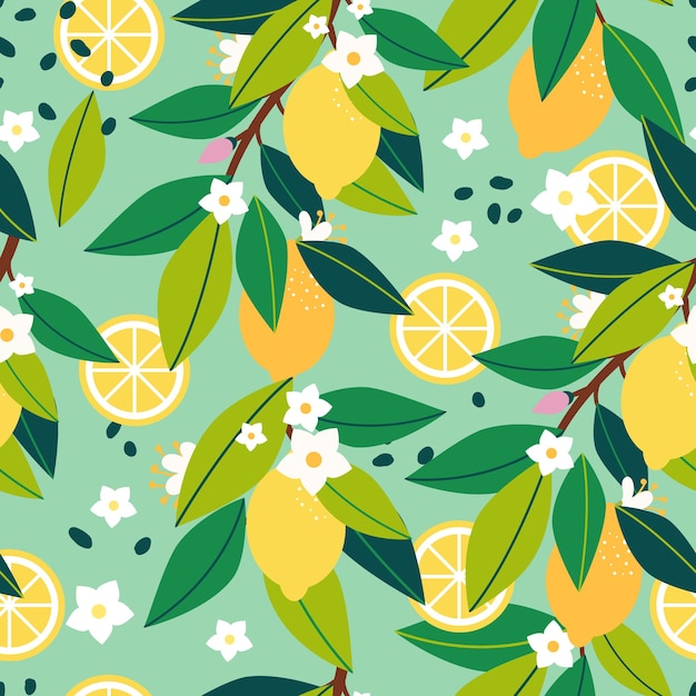 Tropical seamless pattern with yellow lemons lemon flowers and green leaves