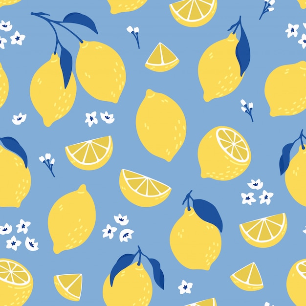 노란 레몬과 열 대 완벽 한 패턴입니다. 감귤, 레몬 슬라이스, 신선한 과일 및 꽃 손으로 그린 스타일 여름 인쇄.