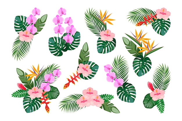 Tropical set of hand drawn floral arrangement