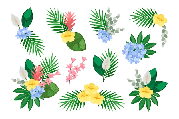 Tropical set of hand drawn floral arrangement