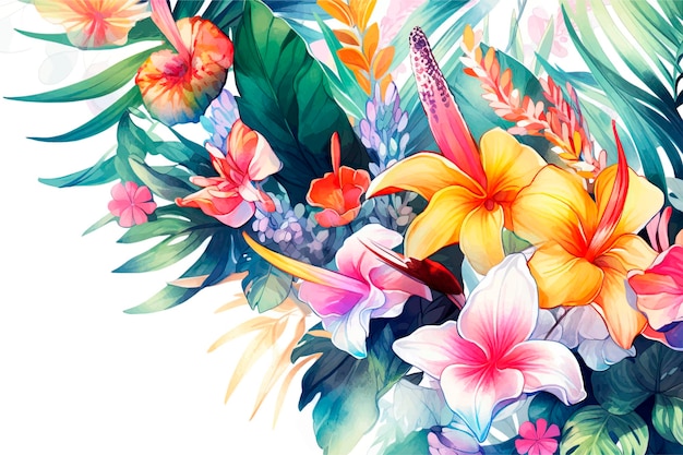 Tropical summer anime watercolor plants and hibiscus flowers holiday banner