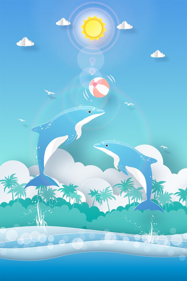 Tropical summer background, Dolphin playing ball in the ocean