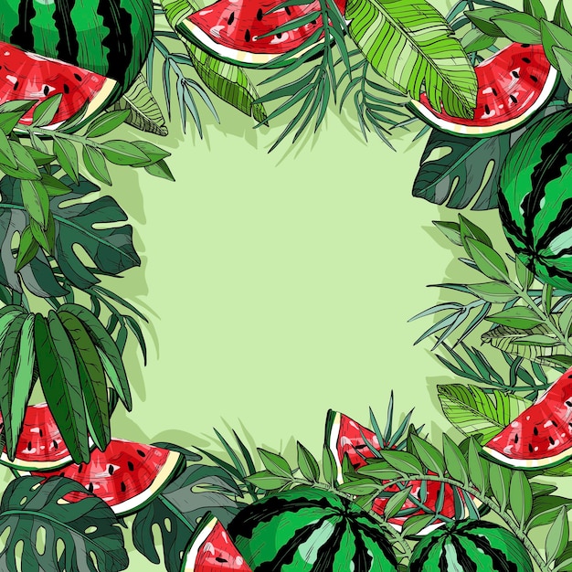 Vector tropical summer background with watermelon and jungle plants