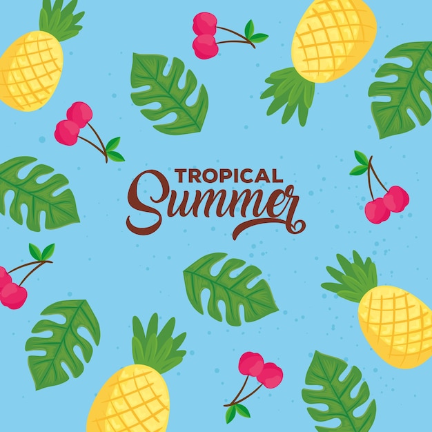 Tropical summer banner with background of leaves and fruits