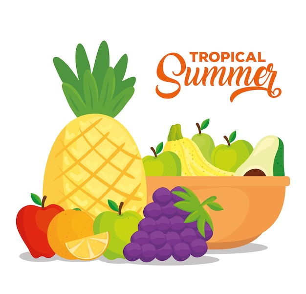 Тропический летний баннер со свежими и здоровыми фруктами