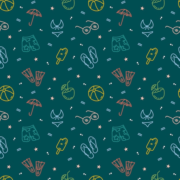 Tropical summer beach holiday icone seamless pattern monoline illustrazione