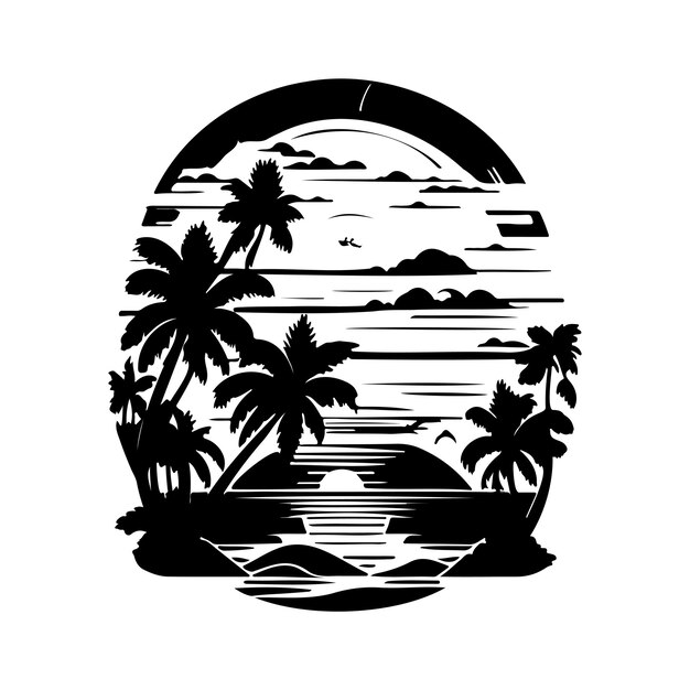 Vector tropical summer beach ocean sunset icon hand draw black colour mythical logo symbol perfect