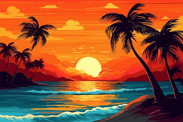 Tropical summer beach ocean sunset and sunrise view cartoon illustration summer holidays vacation