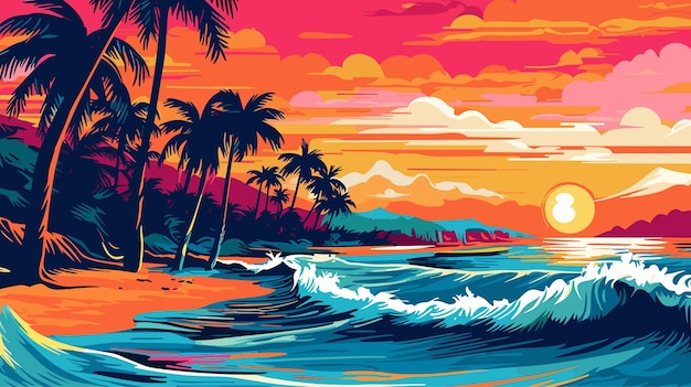 Spiaggia estiva tropicale oceano tramonto e alba vista cartone animato vacanze estive vacanza