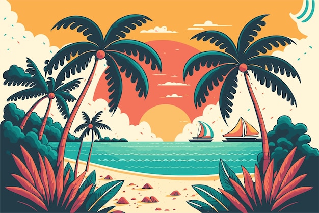 Тропический летний пляж, океан, закат и восход солнца, вид на векторную иллюстрацию мультфильма