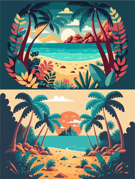 Tropical summer beach ocean sunset and sunrise view cartoon vector illustration