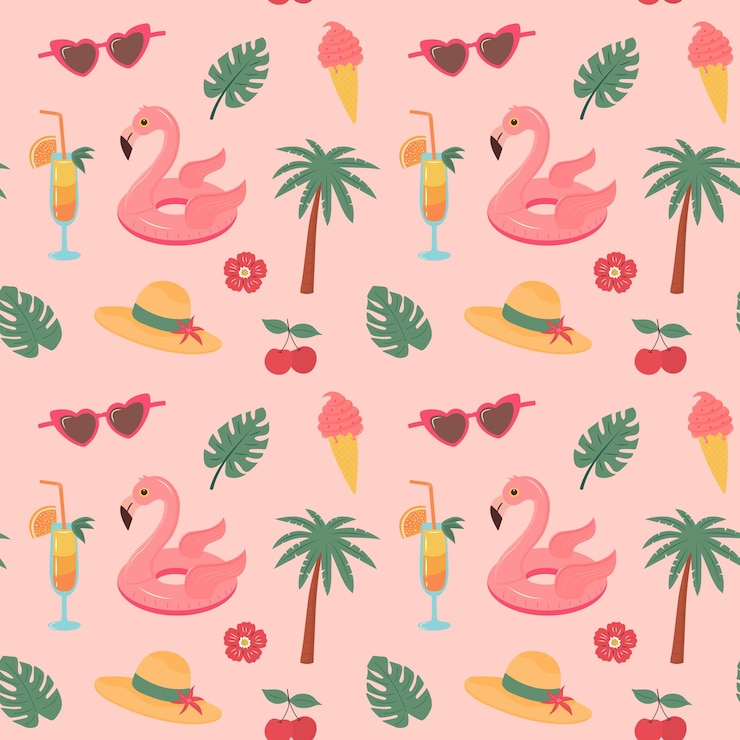 Vector tropical summer beach seamless pattern summertime vacation travel concept pink glamour print