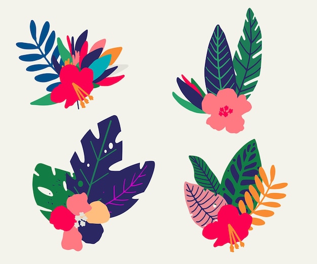 Tropical summer bouquet with palm leaves exotic flowers Vector illustration