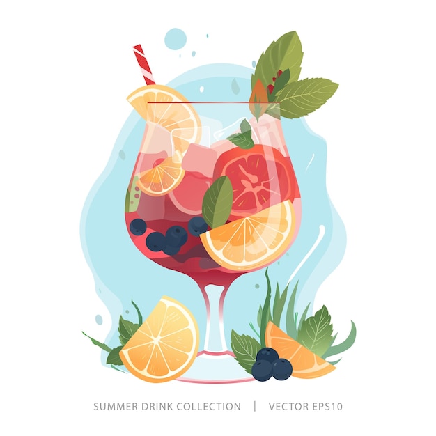 Vector tropical summer cocktail drink in the glass garnished with colorful citrus fruits and juice