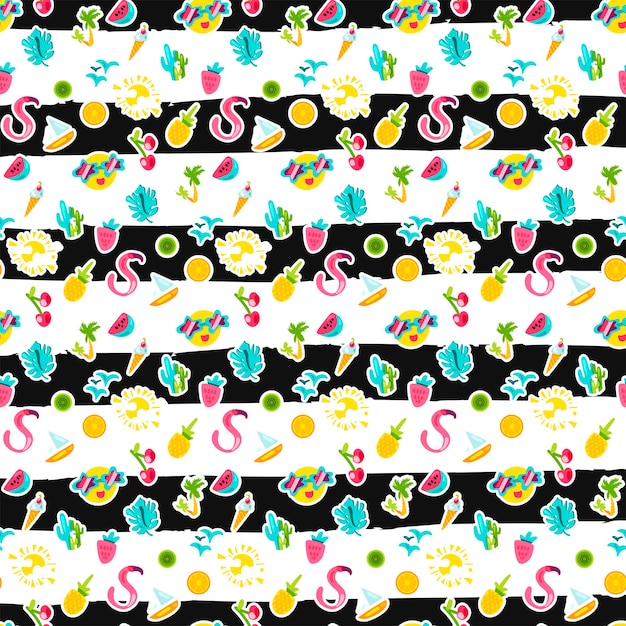 Tropical summer color seamless pattern. Vacation, resort. Holiday accessories on striped background