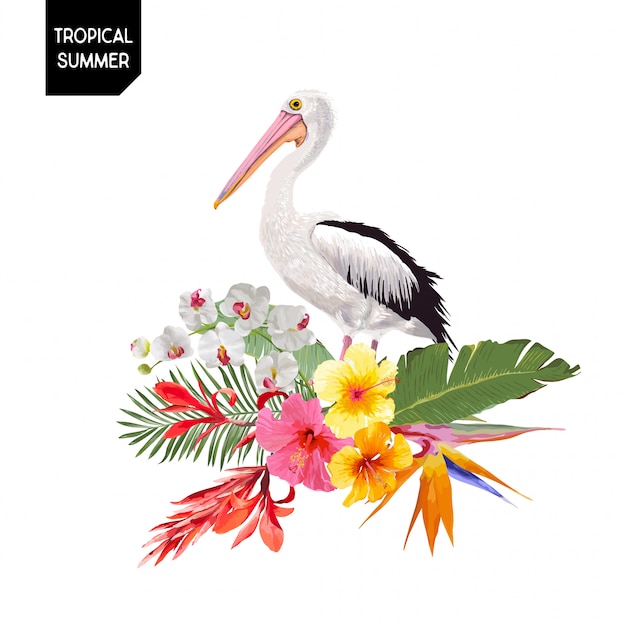 Tropical Summer Design with Pelican Bird and Flowers