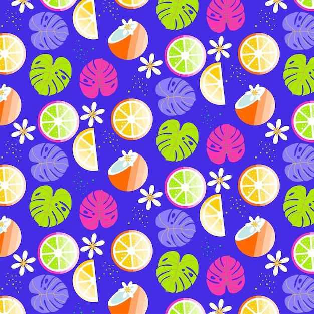 Tropical summer fruits seamless pattern. fabric design with oranges, lemons, coconuts and flowers