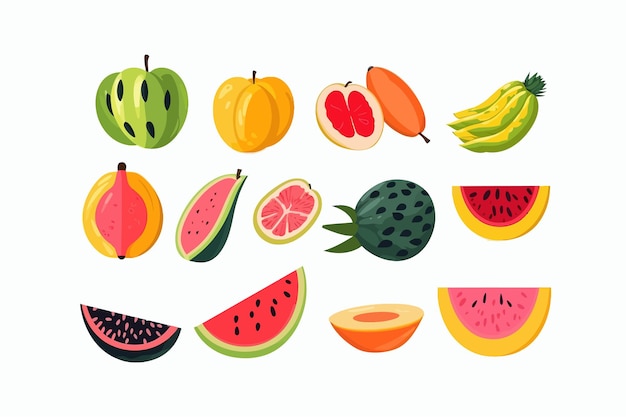 Tropical summer fruits set Isolated on white background Vector cartoon illustration