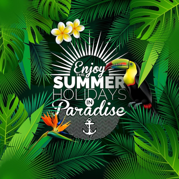 Vector tropical summer holiday design with toucan bird and parrot flower on exotic palm leaves background