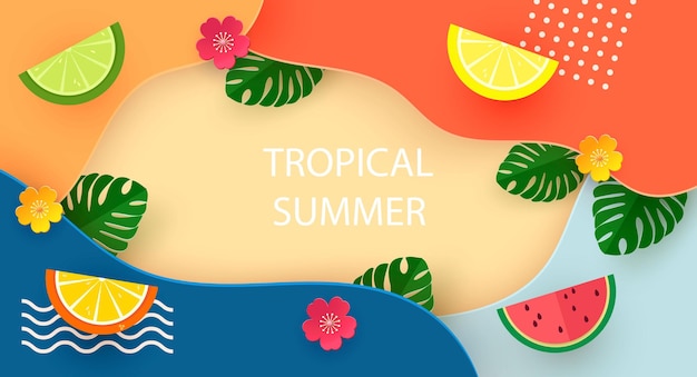 Tropical summer horizontal banner with tropical leaves plants trendy flower patches and lemon and orange slices vector