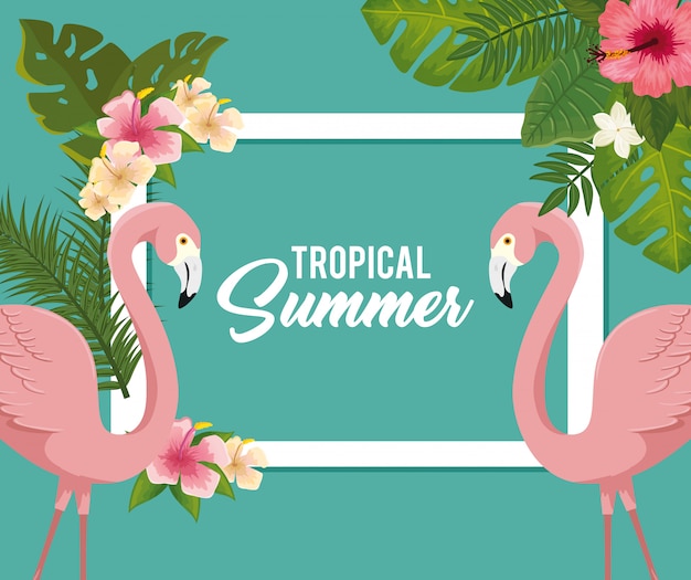 Illustrazione di estate tropicale con fenicotteri e fiori