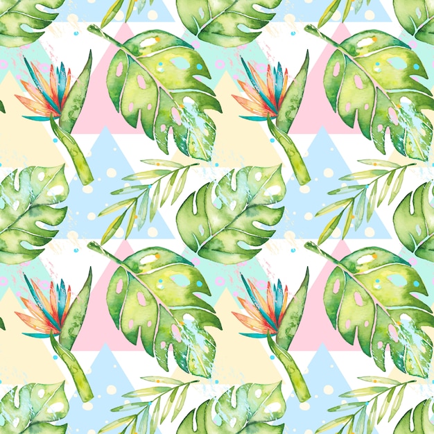 Vector tropical summer pattern with watercolor flowers