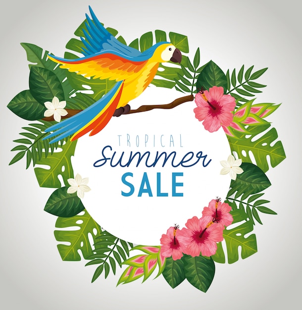 Vector tropical summer sale banner with frame of flowers and animal exotic