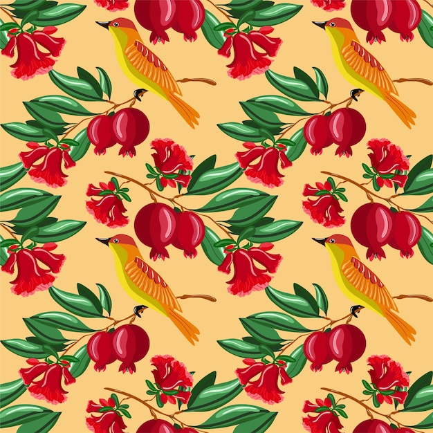 Tropical summer seamless pattern with red pomegranate and bird on the orange background