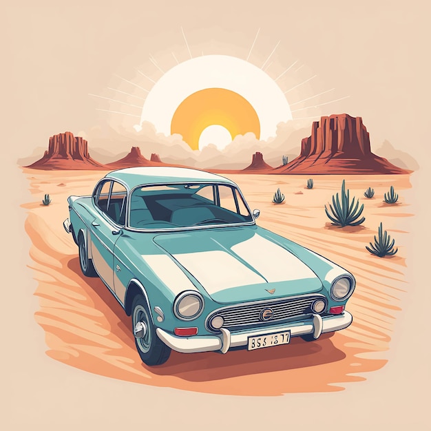 Vector tropical summer time vacation car vector illustration with summer background