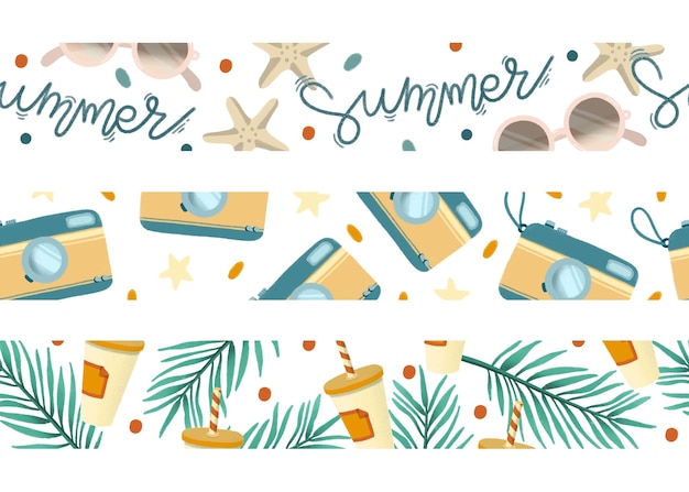 Tropical summer vacation seamless borders set