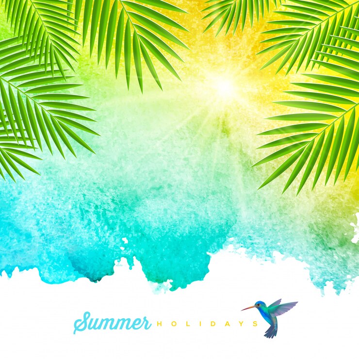 Tropical summer watercolor background with palm trees branches and hummingbird -   illustration
