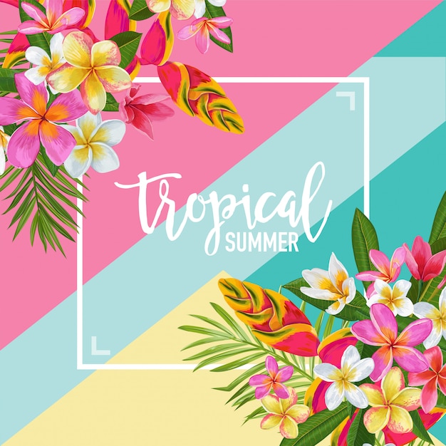 Vector tropical summer with exotic flowers framed illustration