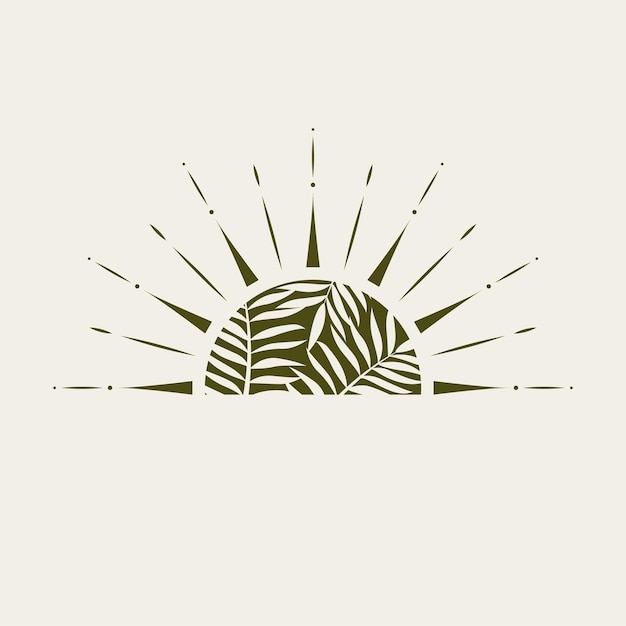 Vector tropical sun and leves natural logo design bohemian style icon