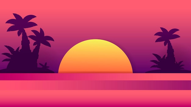 Vettore tramonto tropicale. illustrazione di estate. tramonto logo vettoriale. disegno di sfondo. summer beach design.tropical palma, sfondo spiaggia.